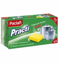 фото: Губка для мытья посуды Paclan Practi поролоновые с абразивным слоем, 9.5х6.5см, желтые, 3шт/уп
